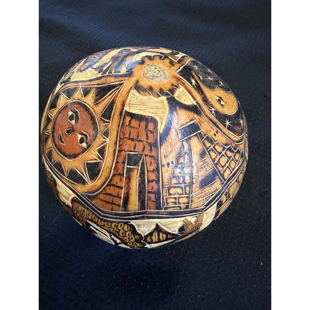 Peruvian Folk Art Intricate Hand Carved Gourd Aztec Sun Moon Animals Natives